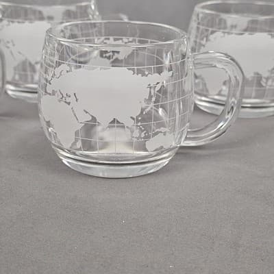 Vintage Nescafe World Globe Etched Glass Coffee Mugs - 4 Pc Set Nestle - Thumbnail 2