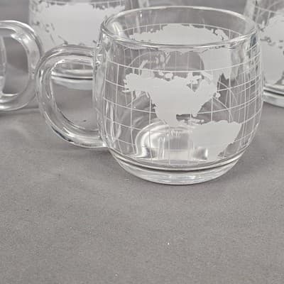 Vintage Nescafe World Globe Etched Glass Coffee Mugs - 4 Pc Set Nestle - Thumbnail 3