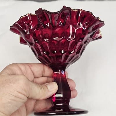 Vintage Ruby Red Fenton Thumbprint Compote Pedestal Bowl Ruffled Trim 6" Tall - Thumbnail 4