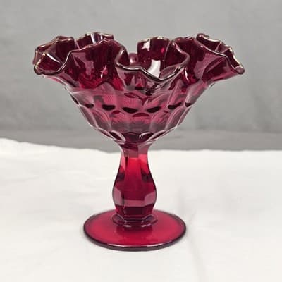 Vintage Ruby Red Fenton Thumbprint Compote Pedestal Bowl Ruffled Trim 6" Tall - Thumbnail 2
