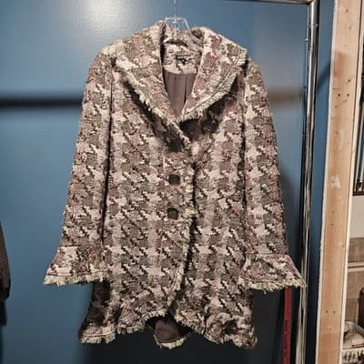 600 West Women’s M Tapestry Woven Coat Jacket Fringe Trim Boho Artsy Textured - Thumbnail 2