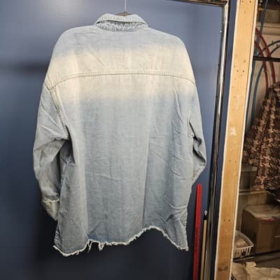 Distressed Raw Hem & Sleeves Faded Denim Shirt 5XL Long Sleeves fold up Button - Thumbnail 5
