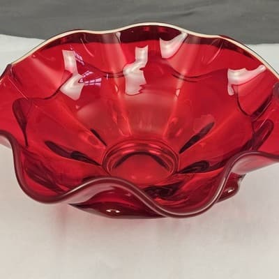 Viking Glass Red Wave Bowl Double Crimped Footed Dish VTG MCM 8" EUC Glows - Thumbnail 11