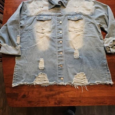 Distressed Raw Hem & Sleeves Faded Denim Shirt 5XL Long Sleeves fold up Button - Thumbnail 9