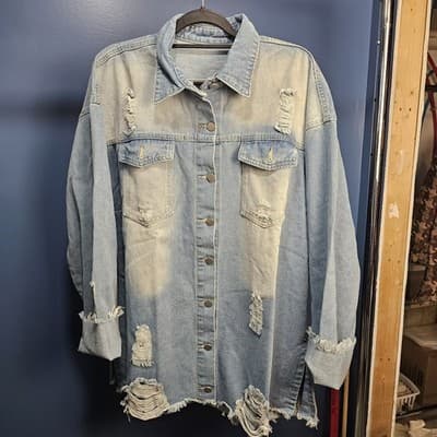 Distressed Raw Hem & Sleeves Faded Denim Shirt 5XL Long Sleeves fold up Button - Thumbnail 2