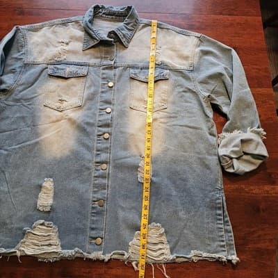 Distressed Raw Hem & Sleeves Faded Denim Shirt 5XL Long Sleeves fold up Button - Thumbnail 7