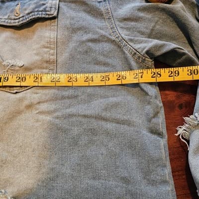 Distressed Raw Hem & Sleeves Faded Denim Shirt 5XL Long Sleeves fold up Button - Thumbnail 11