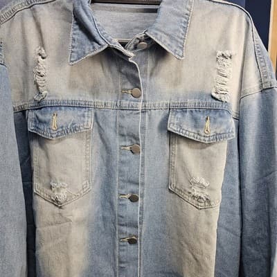 Distressed Raw Hem & Sleeves Faded Denim Shirt 5XL Long Sleeves fold up Button - Thumbnail 3
