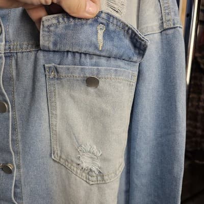 Distressed Raw Hem & Sleeves Faded Denim Shirt 5XL Long Sleeves fold up Button - Thumbnail 4