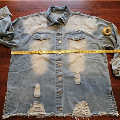 Distressed Raw Hem & Sleeves Faded Denim Shirt 5XL Long Sleeves fold up Button - Thumbnail 10