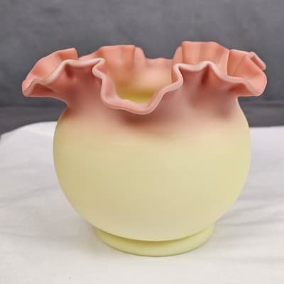 Fenton Art Glass Burmese Vase Satin Ruffled Edge Pink on Creamy Yellow. UV - Thumbnail 2