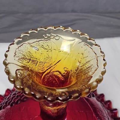 LE Smith Amberina Pedestal Glass Bowl Ruby Red Yellow Grape Design Ruffled Edge - Thumbnail 7