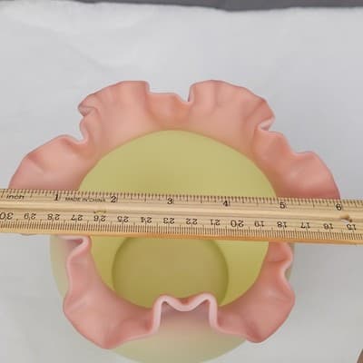 Fenton Art Glass Burmese Vase Satin Ruffled Edge Pink on Creamy Yellow. UV - Thumbnail 6