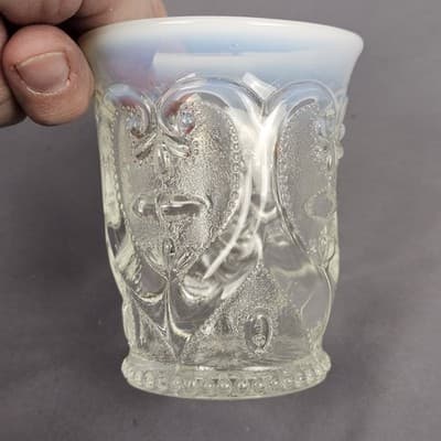 Vintage Opalescent Pressed Glass Tumbler Heart Scroll Blue/White Rim Juice Vase - Thumbnail 5
