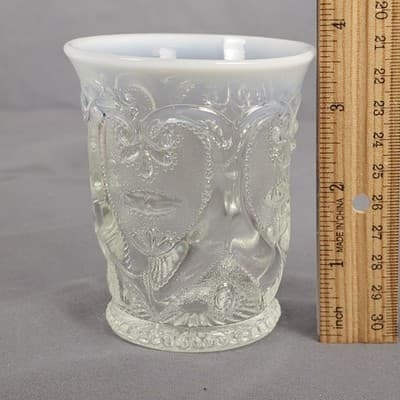 Vintage Opalescent Pressed Glass Tumbler Heart Scroll Blue/White Rim Juice Vase - Thumbnail 8