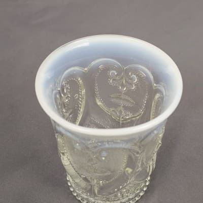 Vintage Opalescent Pressed Glass Tumbler Heart Scroll Blue/White Rim Juice Vase - Thumbnail 2