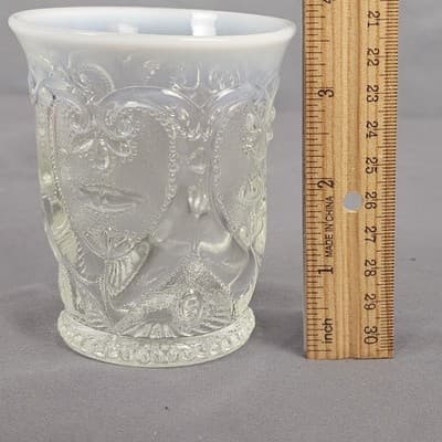 Vintage Opalescent Pressed Glass Tumbler Heart Scroll Blue/White Rim Juice Vase - Thumbnail 7