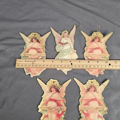 Vtg Set of 5 Antique Look Angels Double-Sided Die Cut Ornaments 5” - Thumbnail 13
