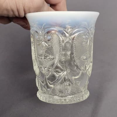 Vintage Opalescent Pressed Glass Tumbler Heart Scroll Blue/White Rim Juice Vase - Thumbnail 3