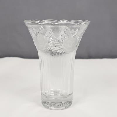 Vintage Frosted Rose Glass Bud Vase Scalloped Rim Clear Pressed Glass 4.5" Tall - Thumbnail 2