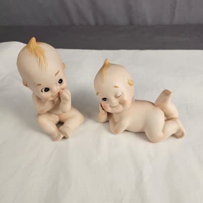 Lefton Kewpie Figurines Cute Babies Bisque Porcelain Set Of 2 Made in Japan - Thumbnail 2