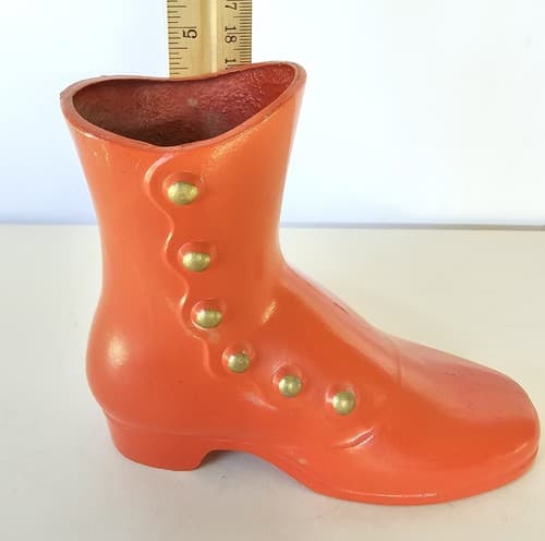 Vintage Cast Metal Orange Red Victorian Button Up Boot Shoe Vase - Thumbnail 5