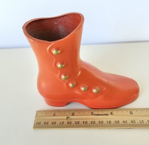 Vintage Cast Metal Orange Red Victorian Button Up Boot Shoe Vase - Thumbnail 6