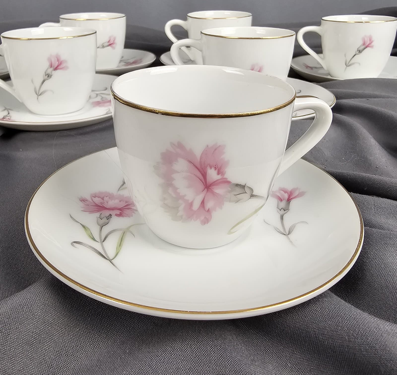 8 Sets, Royal Court Pink Carnation DEMITASSE Tea Cup & Saucer Cappuccino Japan - Thumbnail 6