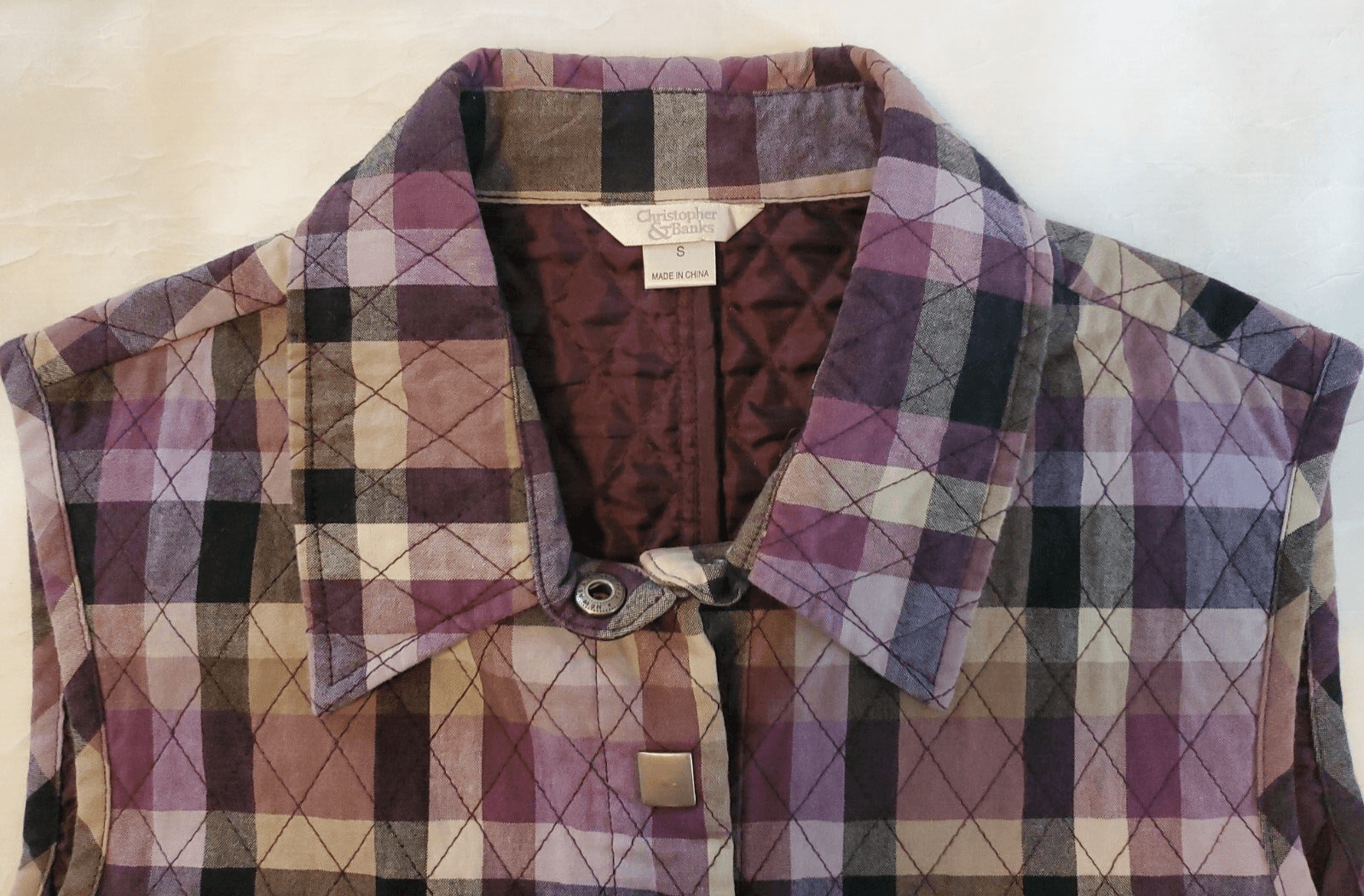 Christopher Banks Vest Women's Small Quilted Purple Plaid Snap Pockets - Thumbnail 2