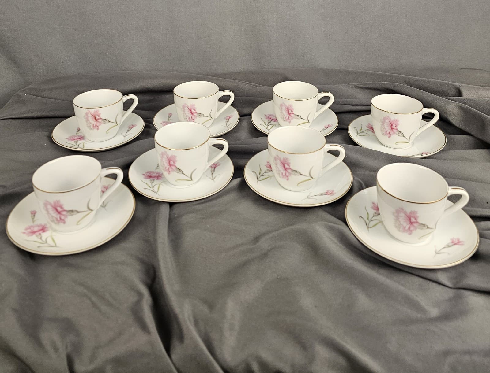 8 Sets, Royal Court Pink Carnation DEMITASSE Tea Cup & Saucer Cappuccino Japan - Thumbnail 2