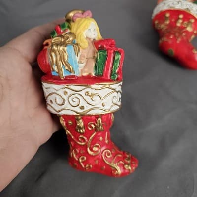 Vintage Plastic 3D Santa Stockings Christmas 6" Ornaments Lot of 5 - Thumbnail 2