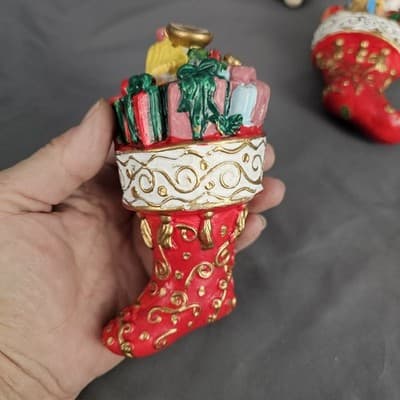Vintage Plastic 3D Santa Stockings Christmas 6" Ornaments Lot of 5 - Thumbnail 3
