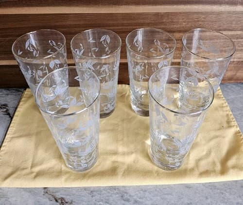 Libby Ice Tea Glasses, Set 6, White Ivy Gold Rim Vtg MCM 6.25" Tall 3" Diameter - Thumbnail 2
