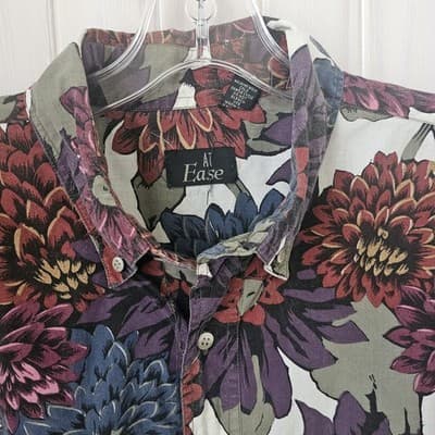 Vint. At Ease Men's Colorful Button Up Shirt 1XL Tall Floral Design Short Sleeve - Thumbnail 3