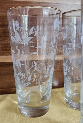 Libby Ice Tea Glasses, Set 6, White Ivy Gold Rim Vtg MCM 6.25" Tall 3" Diameter - Thumbnail 3