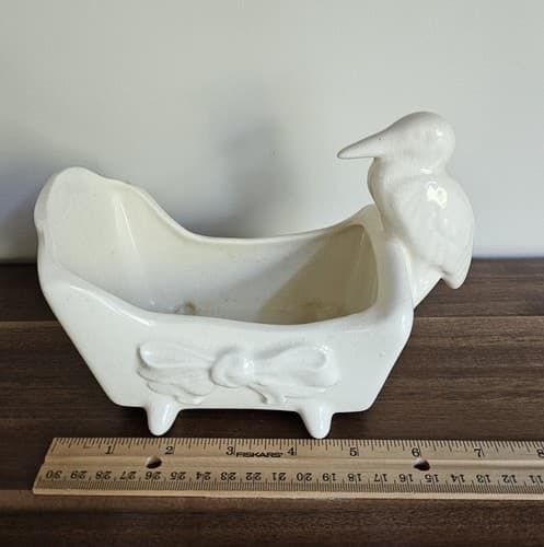 Vintage Off-white Nursery Planter Stork on Cradle, No Chips Or Cracks MCM - Thumbnail 6