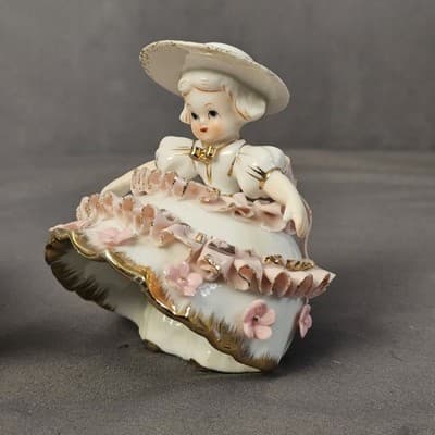 Vtg 50's Lefton Valentine's Day Pink Ruffle Bloomer Girls Porcelain Figurines - Thumbnail 3