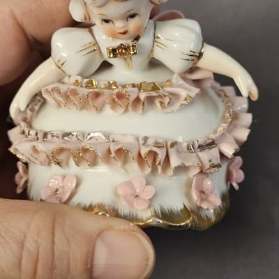 Vtg 50's Lefton Valentine's Day Pink Ruffle Bloomer Girls Porcelain Figurines - Thumbnail 14