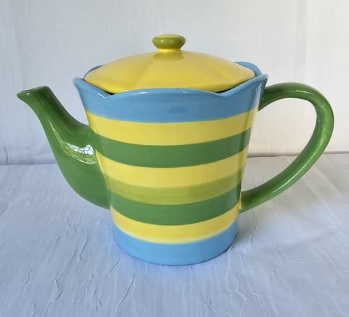 Burton & Burton Teapot Stripes 2005 Yellow, Green, Blue Fun 6" - Thumbnail 2