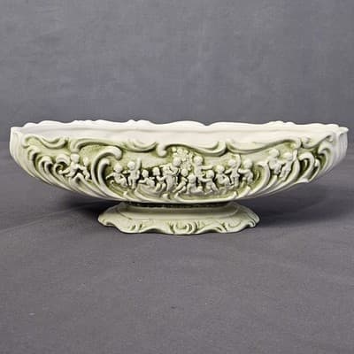 Relpo Pompei Porcelain Dish Green & White Cherubs Planter Victorian #5752 - Thumbnail 4