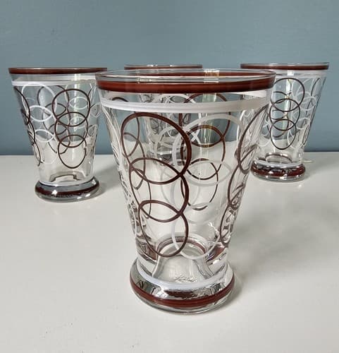 Four Mid-century 4oz Tumblers Barware Cocktail Glass Burgandy MCM - Thumbnail 3