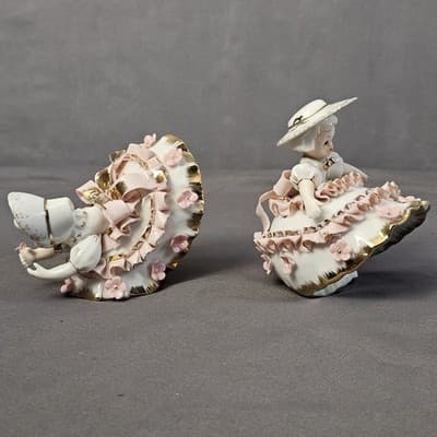 Vtg 50's Lefton Valentine's Day Pink Ruffle Bloomer Girls Porcelain Figurines - Thumbnail 4