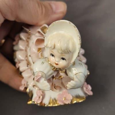 Vtg 50's Lefton Valentine's Day Pink Ruffle Bloomer Girls Porcelain Figurines - Thumbnail 11