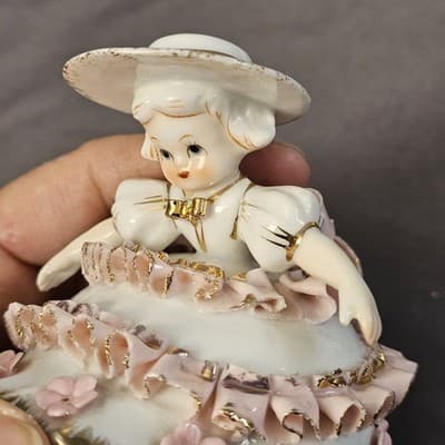 Vtg 50's Lefton Valentine's Day Pink Ruffle Bloomer Girls Porcelain Figurines - Thumbnail 13