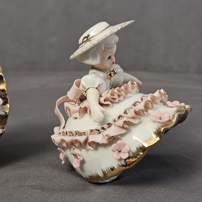 Vtg 50's Lefton Valentine's Day Pink Ruffle Bloomer Girls Porcelain Figurines - Thumbnail 6