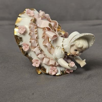 Vtg 50's Lefton Valentine's Day Pink Ruffle Bloomer Girls Porcelain Figurines - Thumbnail 2
