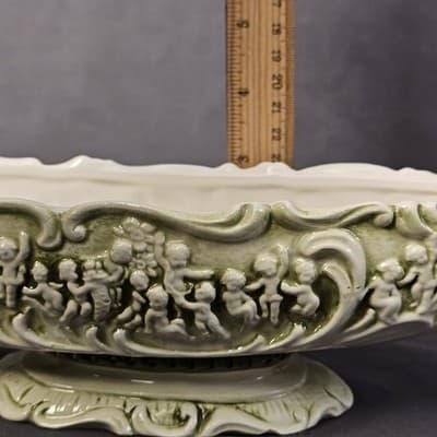 Relpo Pompei Porcelain Dish Green & White Cherubs Planter Victorian #5752 - Thumbnail 10