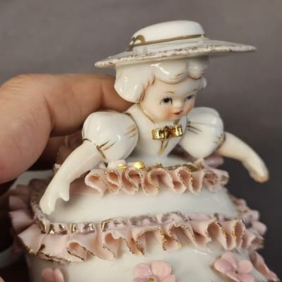 Vtg 50's Lefton Valentine's Day Pink Ruffle Bloomer Girls Porcelain Figurines - Thumbnail 12
