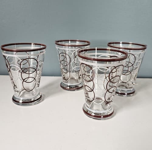 Four Mid-century 4oz Tumblers Barware Cocktail Glass Burgandy MCM - Thumbnail 2