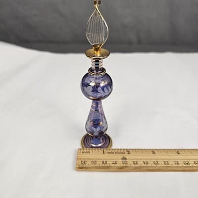 Vtg Hand Blown Perfume Bottle Gold Trim & Glass Dropper Ruffle Glam Blue 5.5’ - Thumbnail 3